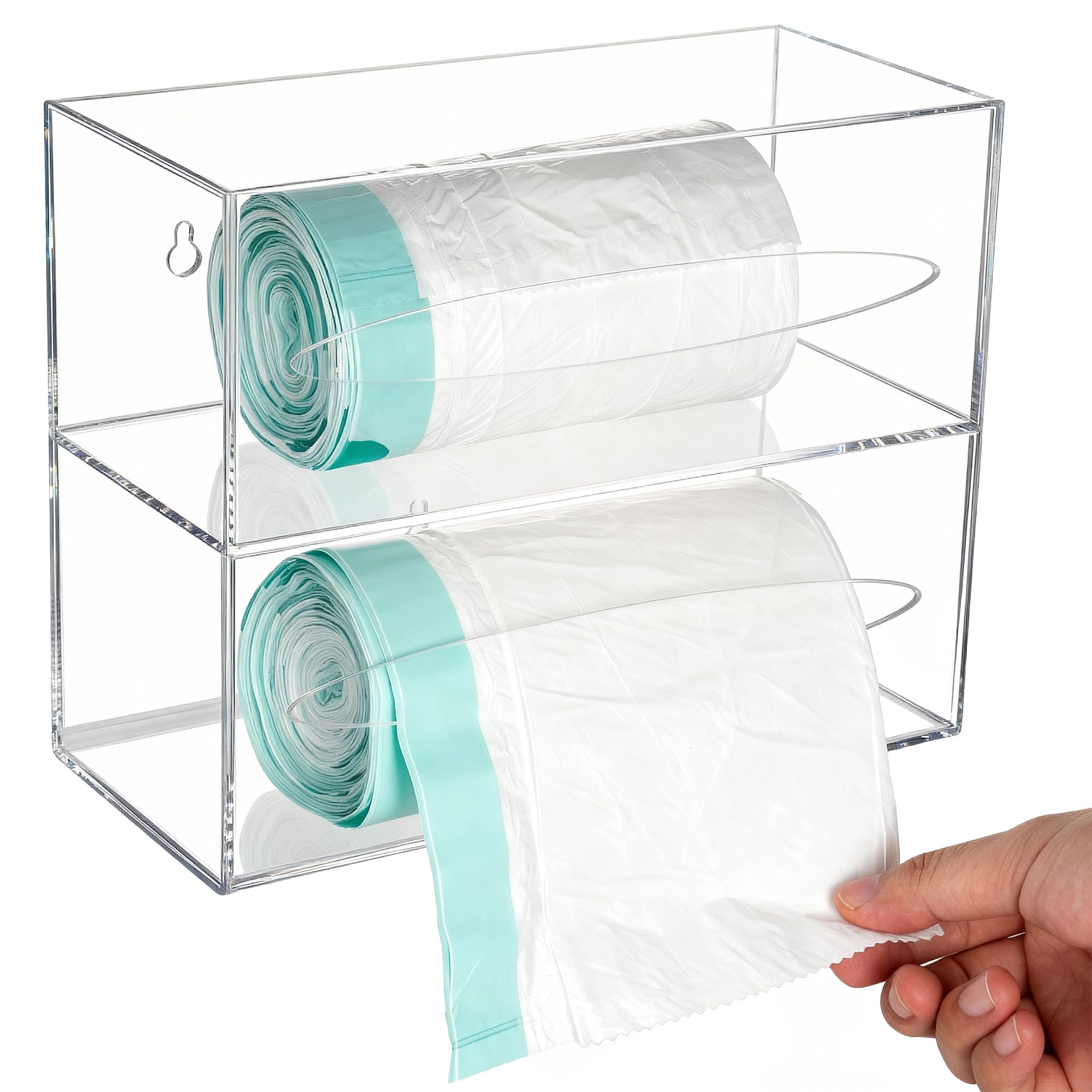 SEANADO Trash Bag Dispenser Holder, 2 Compartment Wall Mount Acrylic Kitchen Double Side Loaded Organizer Storage Box Holder for Garbage Bag Grocery
