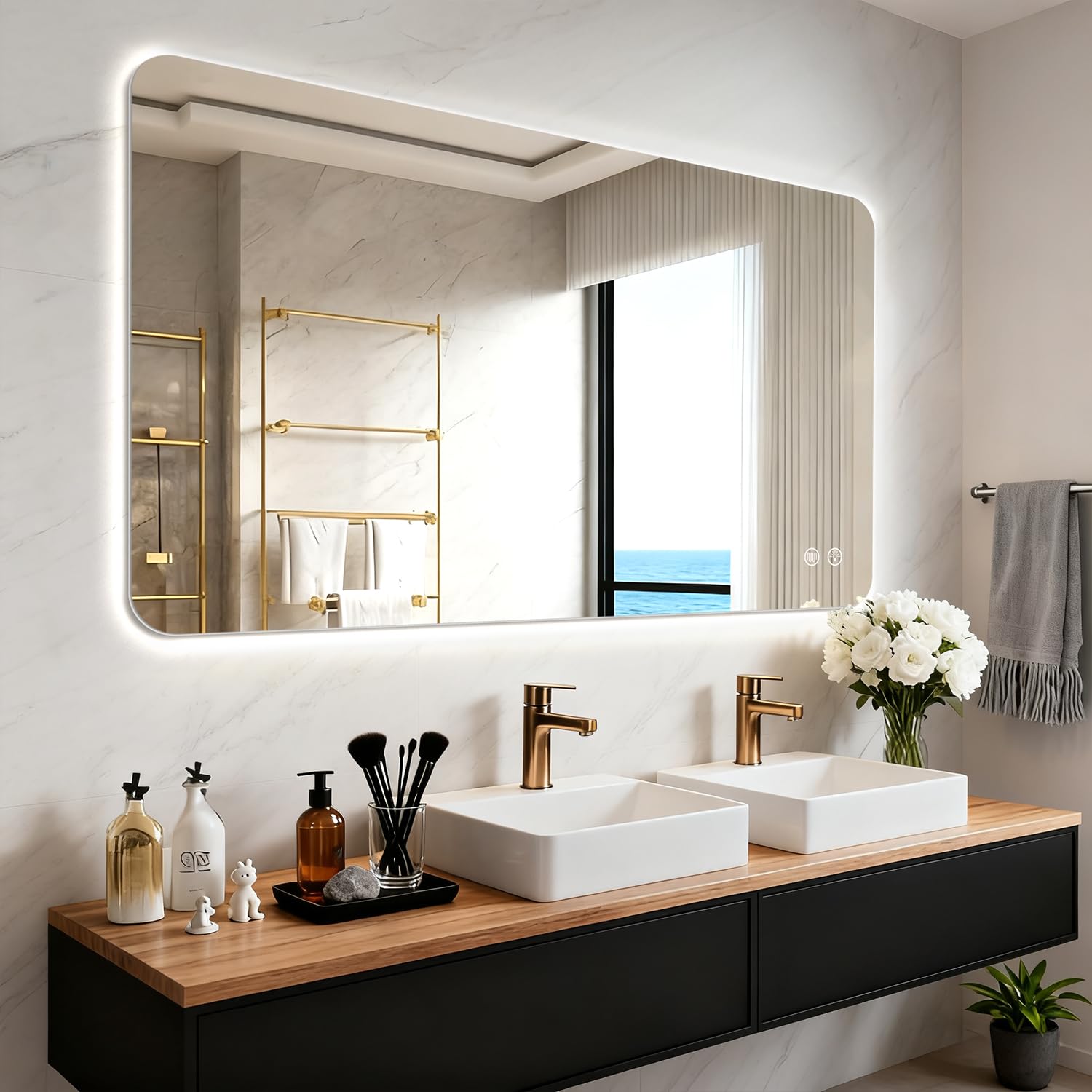 Photo 1 of EOGOW LED Bathroom Mirror with Lights,48"x36" Backlit LED Mirror for Bathrooms with Anti-Fog,Dimmable,3 Colors Bathroom Mirror, Wall Mounted Horizontal/Vertical Vanity Mirrors,Tempered Glass