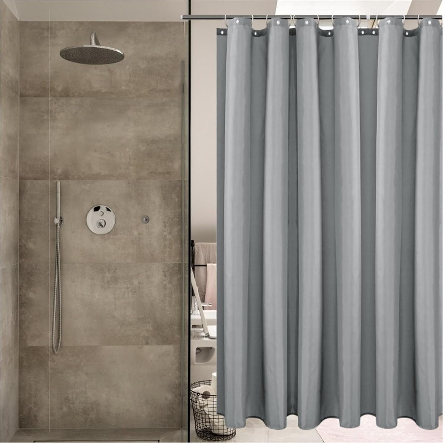 Shower Liner 1Piece Polyester Shower Curtain Liner Solid Color Machine Washable Waterproof Shower Curtain Liner with Hooks(Light Grey,180x200cm)