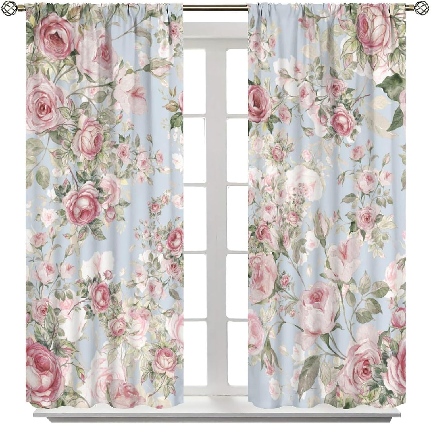 Rustic Farmhouse Rose Floral Blackout Window Curtains, Retro Plants Flowers Pattern Window Drapes, for Bedroom Living Room 42x63in 2 Panels