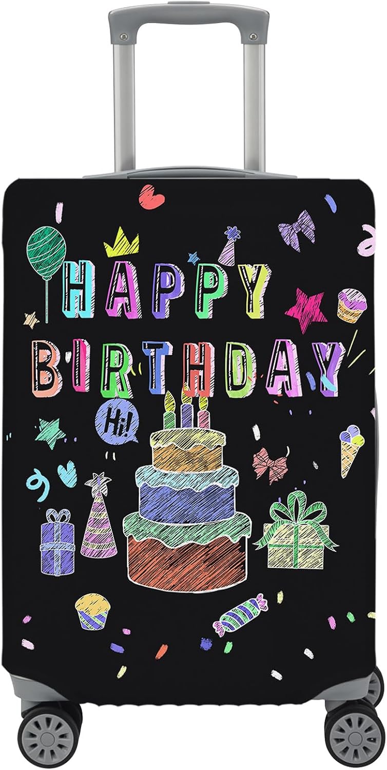 Travel Luggage Cover Happy Birthday Stretch Washable Suitcase Protector Cakes Candy Balloon Scratch Resistant Luggage Cover for 26-28 Inch Carry On Luggage