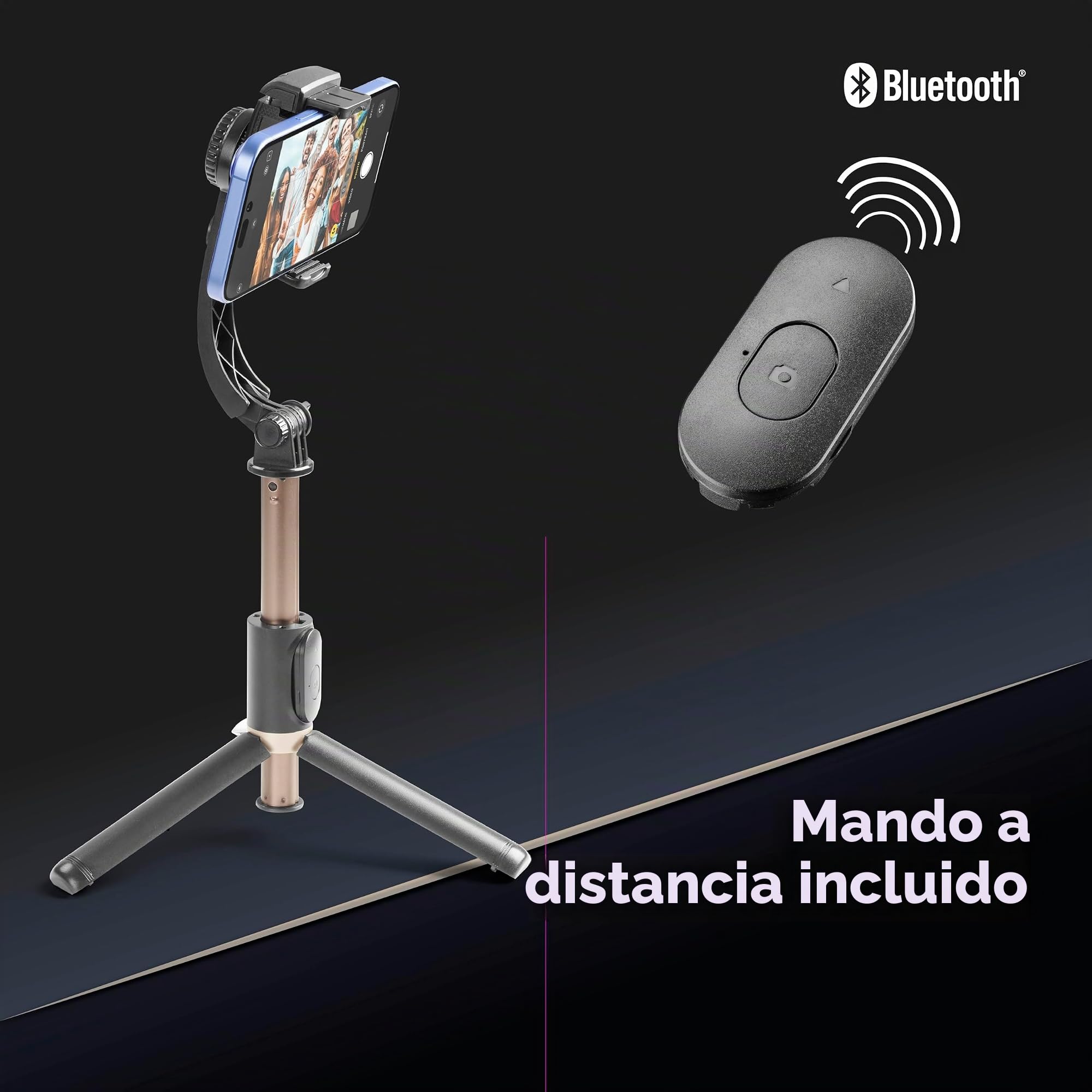 Cellularline FREEMOTION Gimbal 3 en 1 con estabilizador Inteligente Anti-vibración, Palo Selfie, trípode, Mando Bluetooth, Aluminio, grabación Vertical y Horizontal, Negro