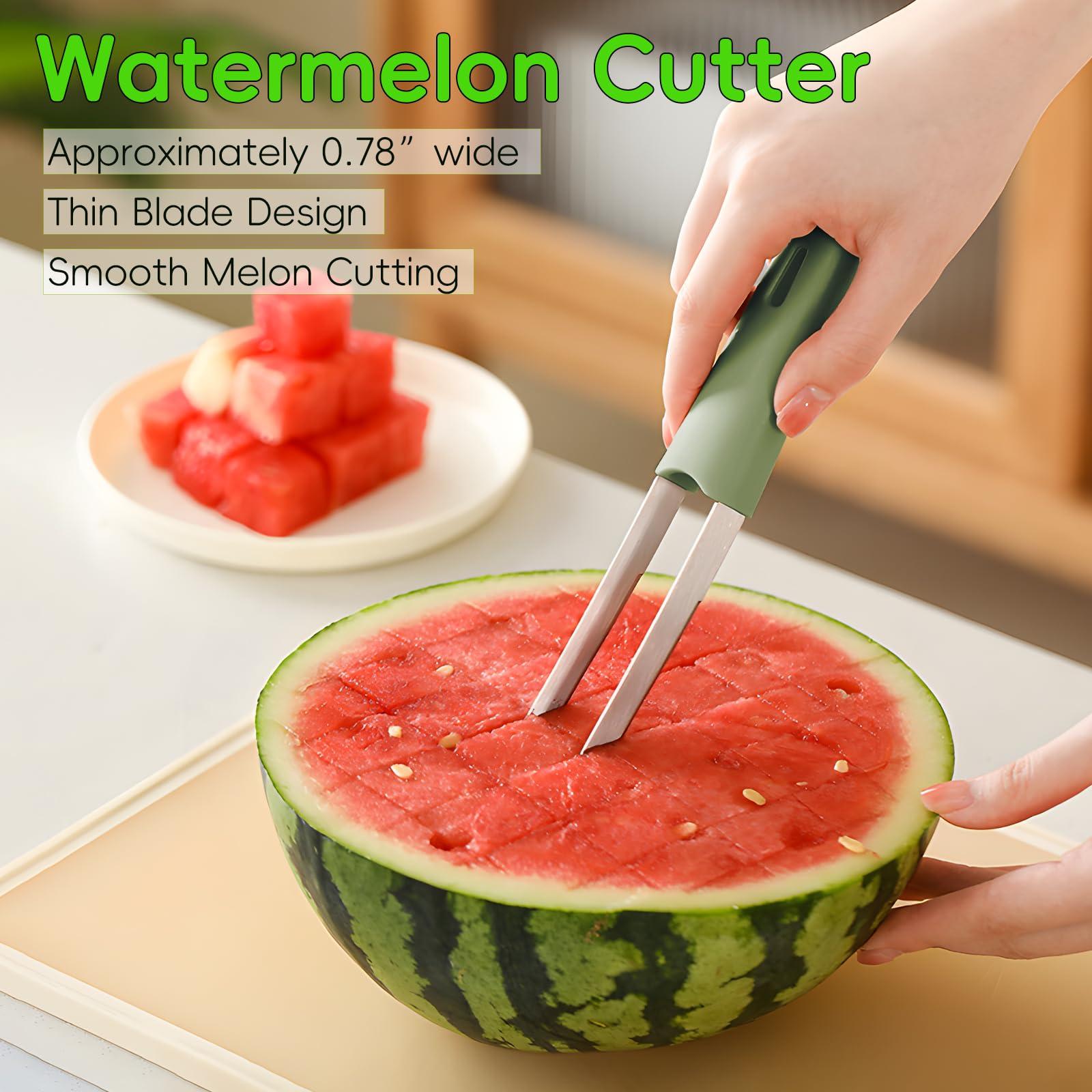 3-in-1 Obstschneider Edelstahl - Wassermelonen Schneider Mit Ausstecher & Gabel - Küchenhelfer Grün
