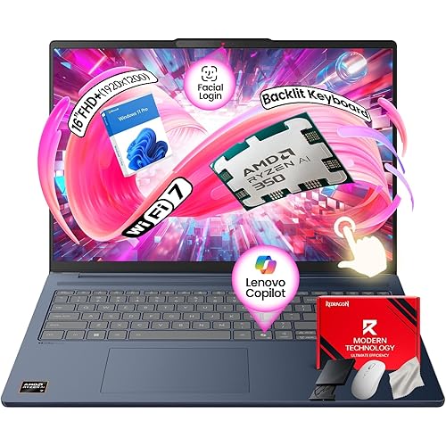 Lenovo IdeaPad Copilot+ Business Laptop - 16" FHD+ Touchscreen - AMD Ryzen AI 7 350(Beat Core 7 150U) - 50 TOPS NPU - Facial Login IR Cam - Backlit KB -Win 11 Pro-Redragon Bundle (64GB DDR5 | 4TB SSD)