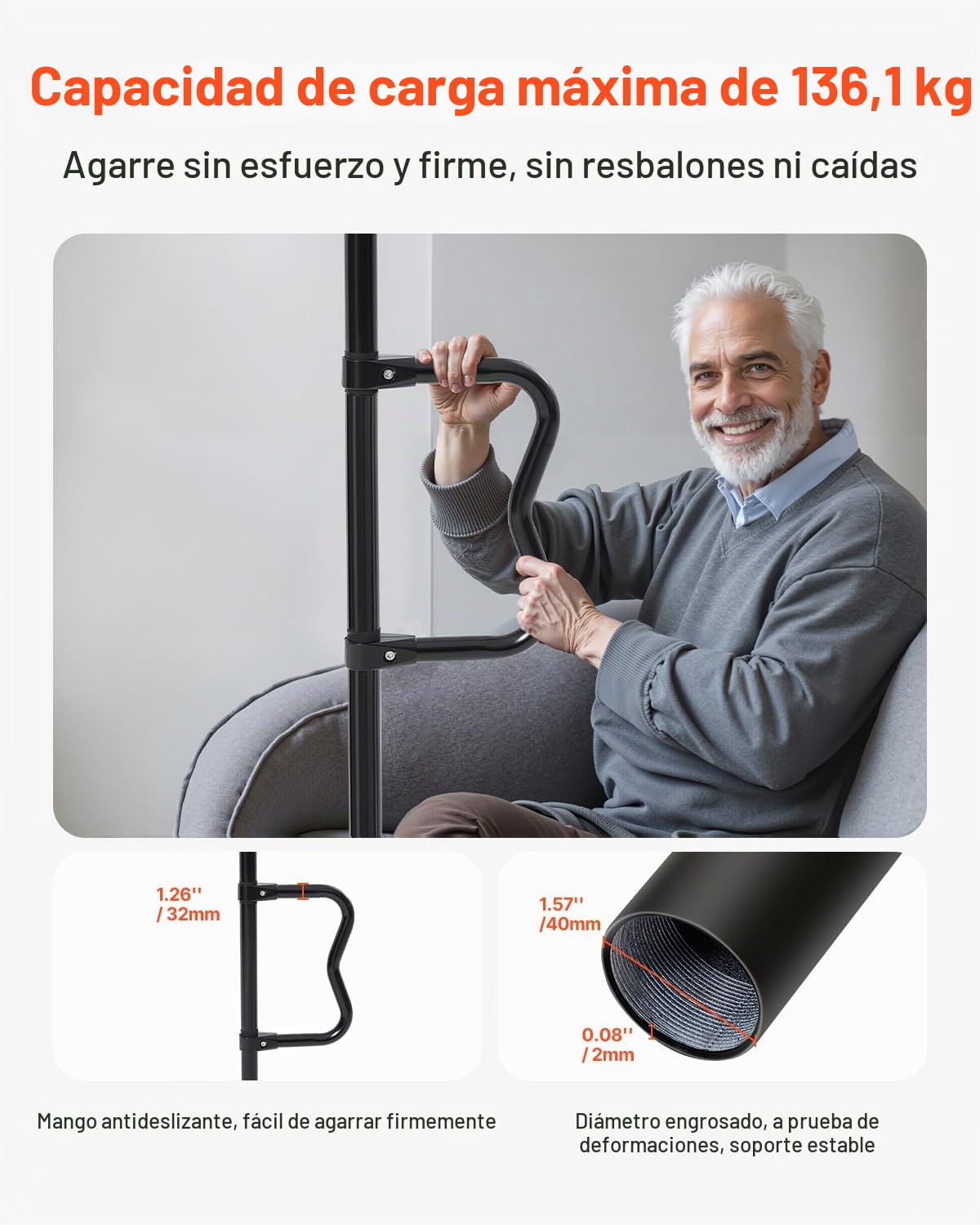 VEVOR Barra de Transferencia de Piso a Techo para Baño con Montaje a Tensión y Mango Curvo Antideslizante, con Capacidad de 136 kg para Personas Mayores, para Techos de 2140-3050 mm, Negro