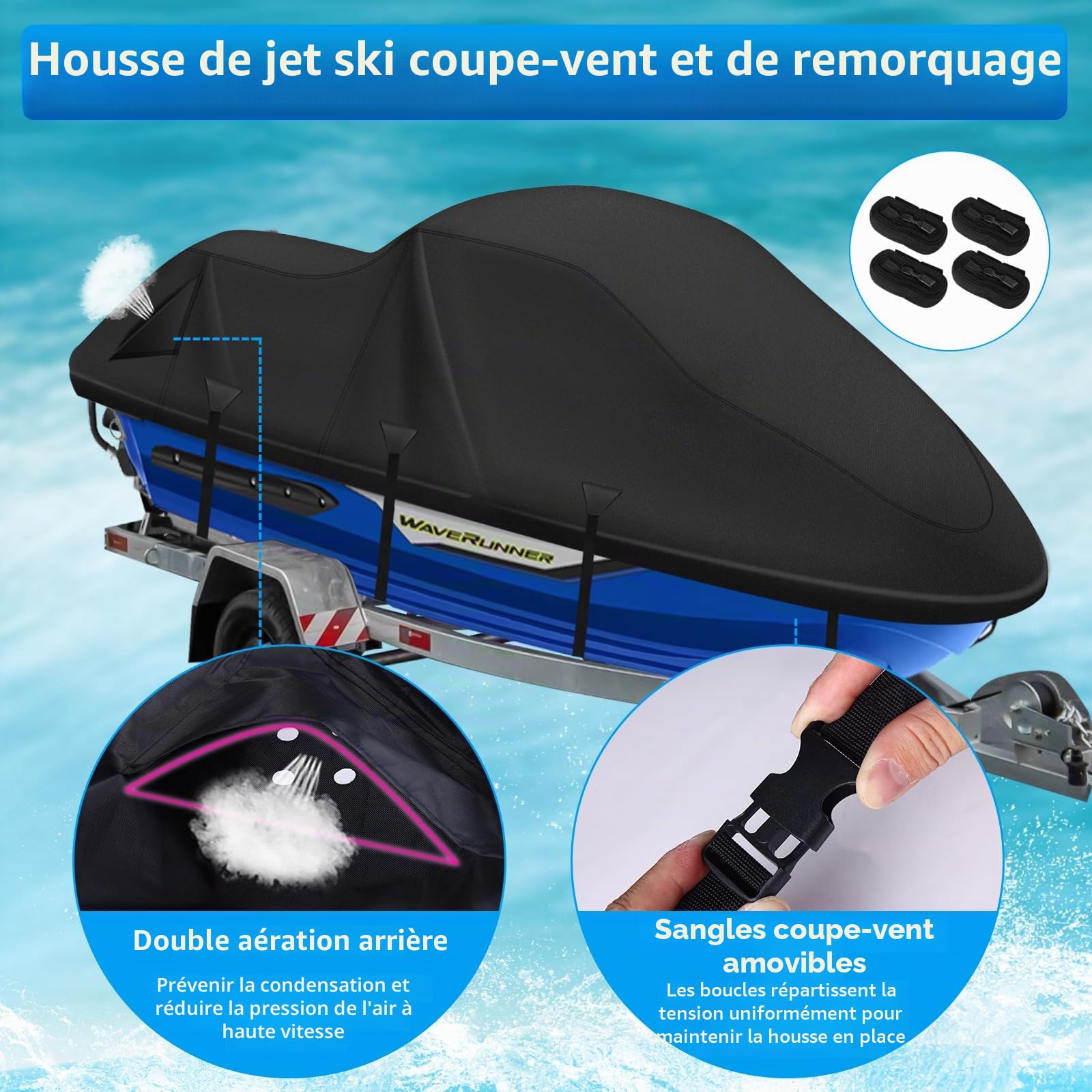 Housse pour Jet Ski 3 places, housse de protection pour jet ski 900D Seadoo, revêtement nano argent imperméable, boucles de protection contre le vent améliorées avec renfort en tissu triangulaire