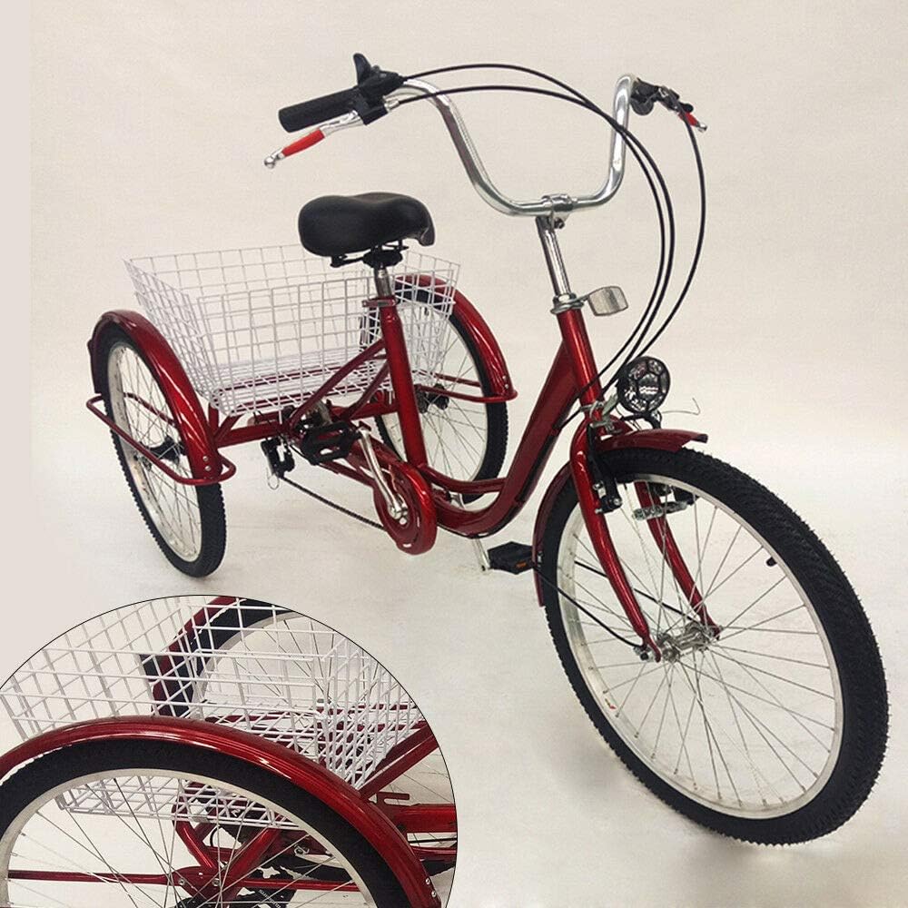 24" 3 Wheel Adult Tricycle with Lamp 6 Speed Bicycle, Shopping Basket Trike Tricycle Pedal Cycling Bike, for Shopping Outdoor Picnic Sports (red)