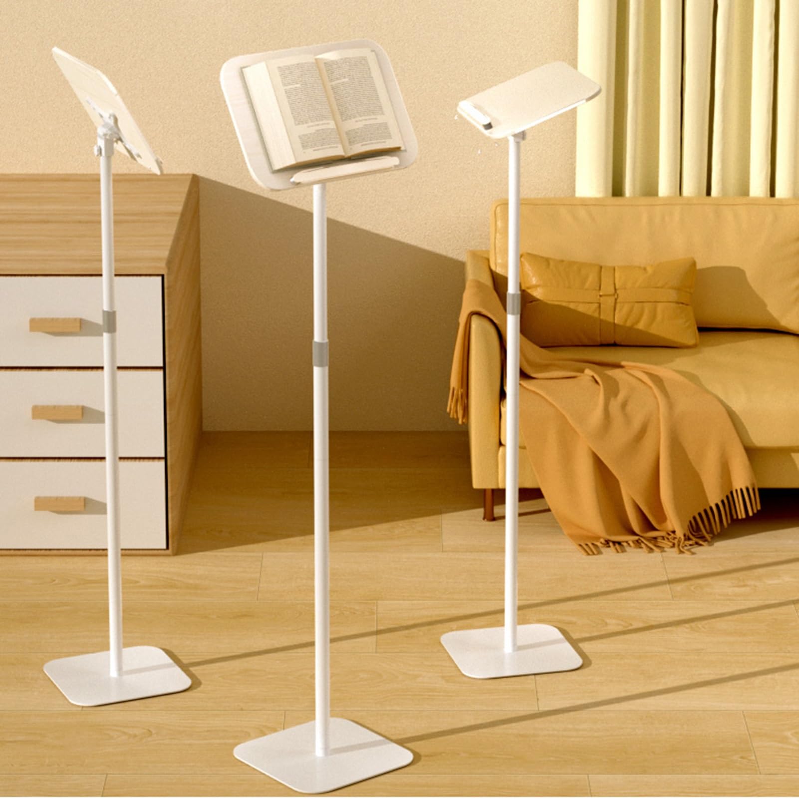 Leggio da Terra con fermapagine, Supporto per Libri da Comodino/Divano, Altezza Regolabile da 50 a 170 cm, per tavolette di spartiti Musicali (Bianco, 50-100 cm)
