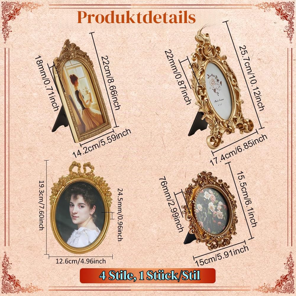 4 kleiner Goldener Vintage Bilderrahmen Antike Bilderrahmen | Barock Fotorahmen Mit Glasfront Tischaufsteller Heim Und Hochzeitsdekor Für Zuhause Party Hochzeit Urlaub Weihnachten