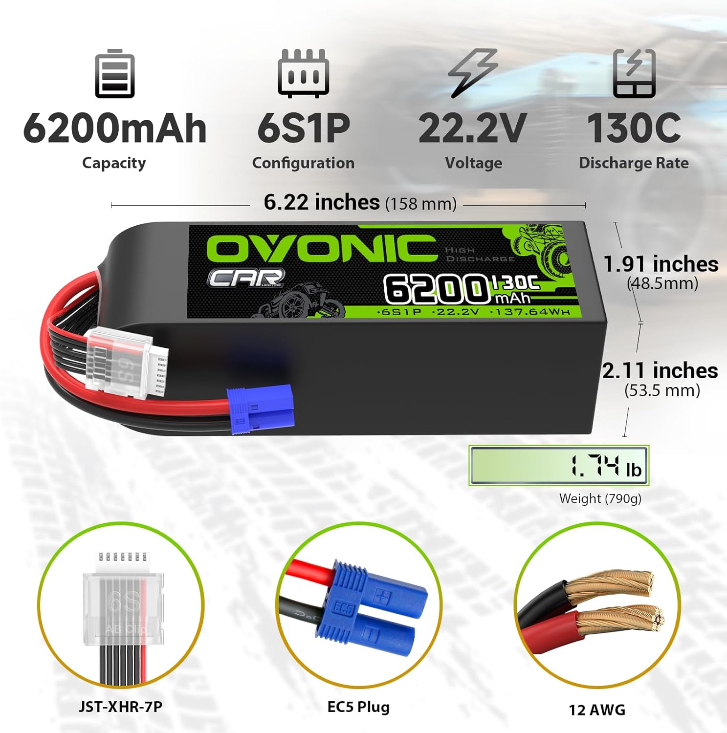 OVONIC 6S LiPo Battery 6200mAh 22.2V 130C RC Battery with EC5 Connector - Image 5