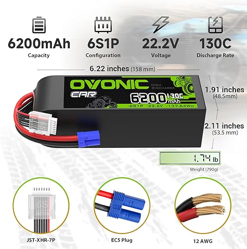 Miniatura 2 de OVONIC 6S LiPo Batería 6200mAh 22.2V 130C RC Batería con EC5 Conector