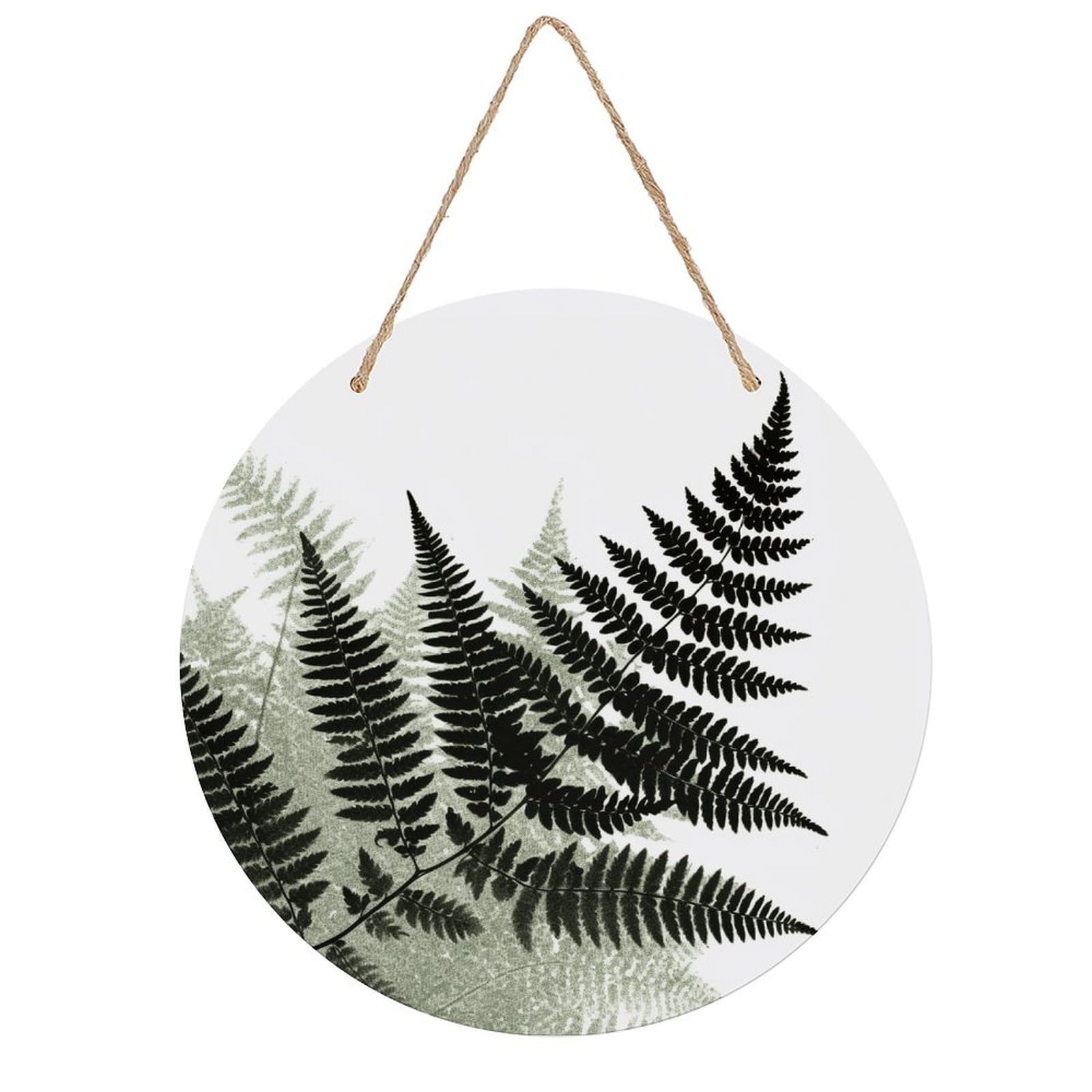 LZQPOEAS Natural Plant Silhouette Fern Leaf Round Wood Wall Art Painting, 7.9 Inch Circular Wooden Door Hanger Decorative Paintings, Rope-Hanging Wooden Wall Plaque for Home Decor And Office Party