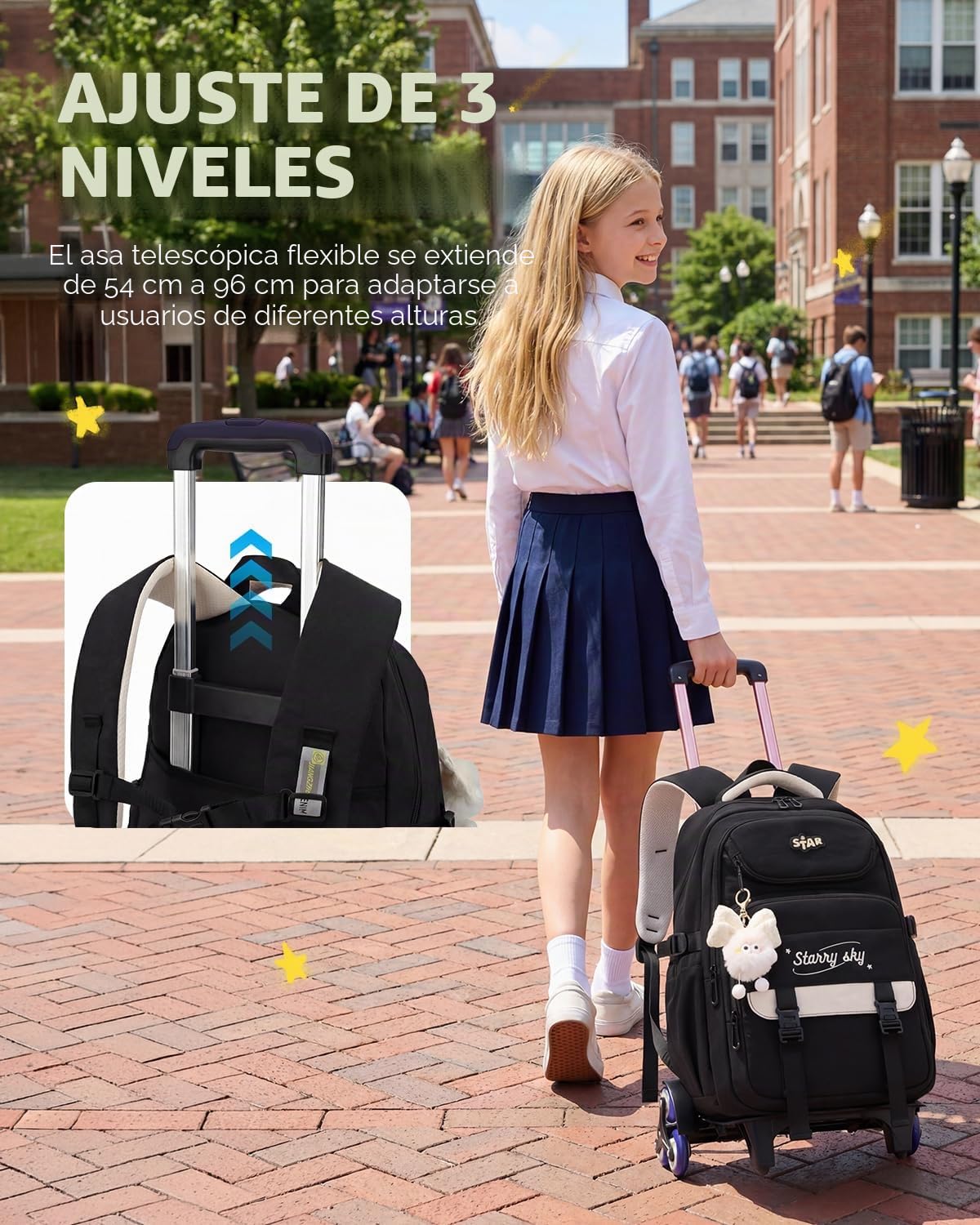 Amythe Mochila Ruedas Niña, 30L Mochilas Escolares con Carro Desmontable | Mochila Trolley Adolescente Chica para Primaria y Secundaria, 6 Ruedas Bolso Informal para Viajes, Negra