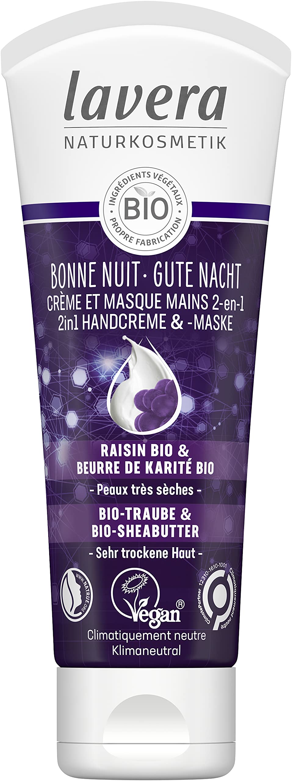 lavera Bonne Nuit Hand Cream and Mask 2-in-1 - Natural Cosmetics - Vegan - Certified - Organic Grapes & Organic Shea Butter - 75ml