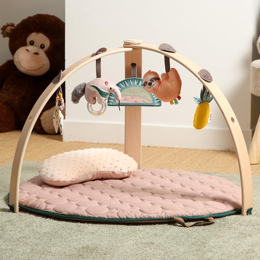 LUDI — Holzbogen-Teppich — Skalierbarer Teppich — Abnehmbare Holzbögen — 5 abnehmbare Aktivitäten — 1 Bauchkissen — Stimuliert die Sinne des Babys — von Geburt an