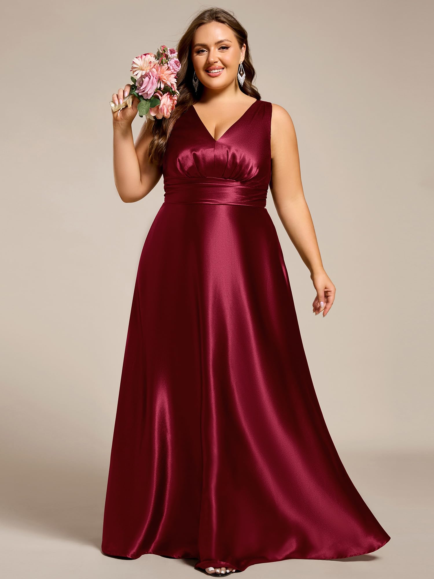 Ever-Pretty Plus Abito da donna senza maniche in raso taglie forti abiti da damigella d'onore estivi vita impero con tasche