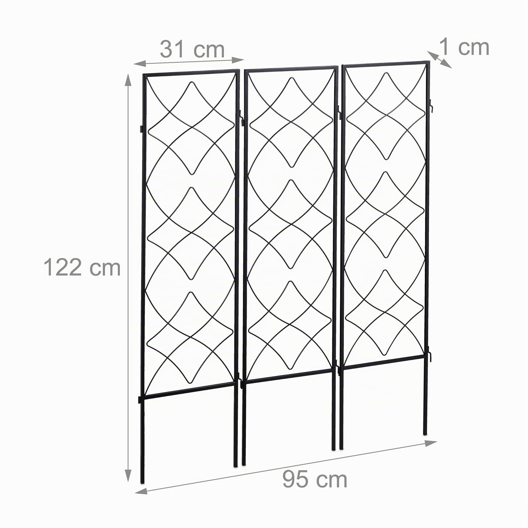Relaxdays treillis de jardin, métal, lot de 3, à planter, support pour plantes grimpantes, 122x31 cm, jardin, noir