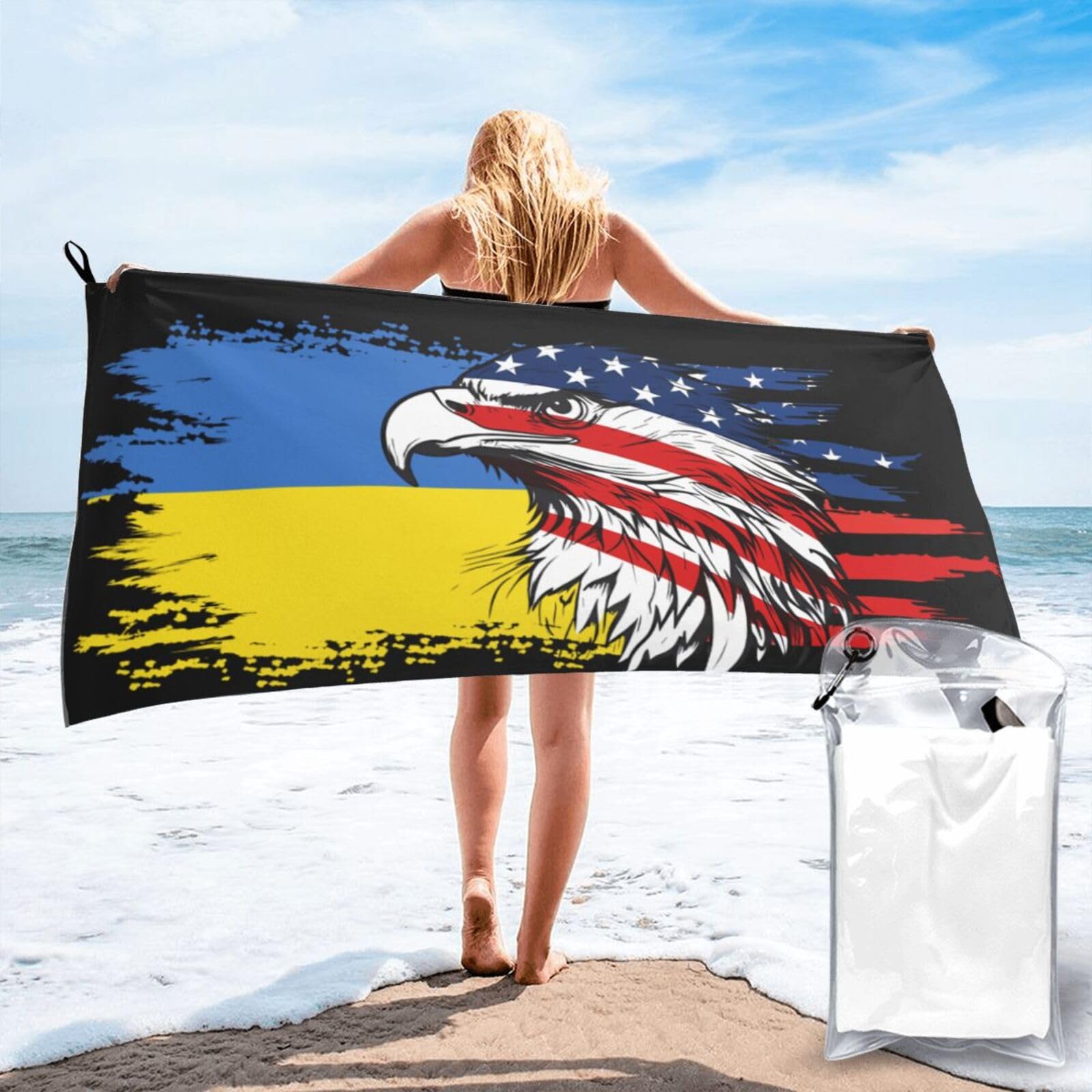 HACXZ America Flag and Ukraine Flag Microfiber Beach Towel Lightweight Absorbent Travel Pool for Men Women 27.5"X55"