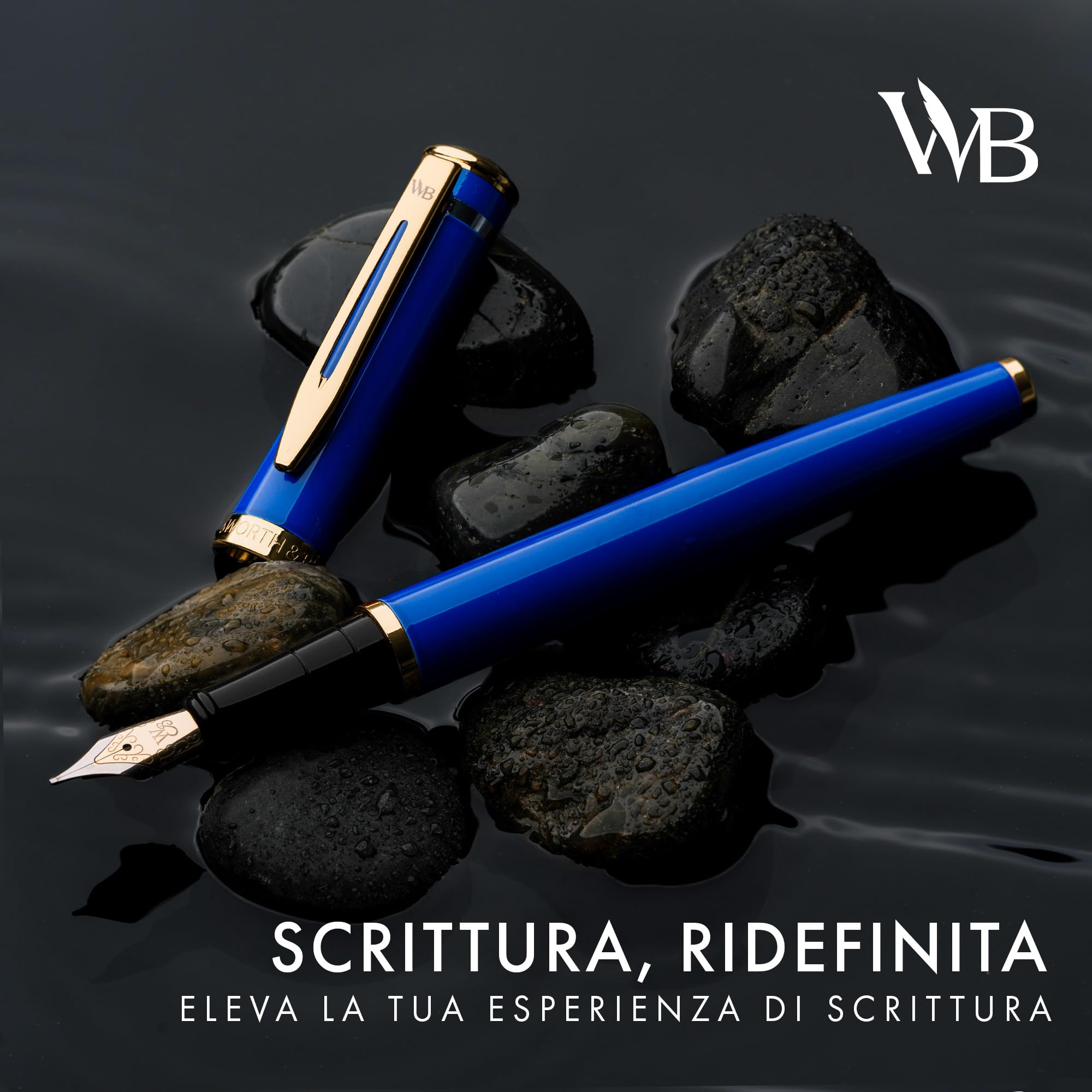 Wordsworth & Black Set di penne stilografiche, pennino medio in oro 18 carati, include 24 cartucce d'inchiostro, convertitore di ricarica e confezione regalo, finitura oro [Blu Imperiale]
