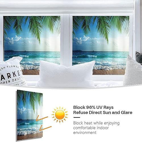 Vista 45 de Tropic - Película 3D para ventana, palmeras tropicales oceánicas en isla soleada, imagen panorámica, para puerta de cristal, baño, sala de estar
