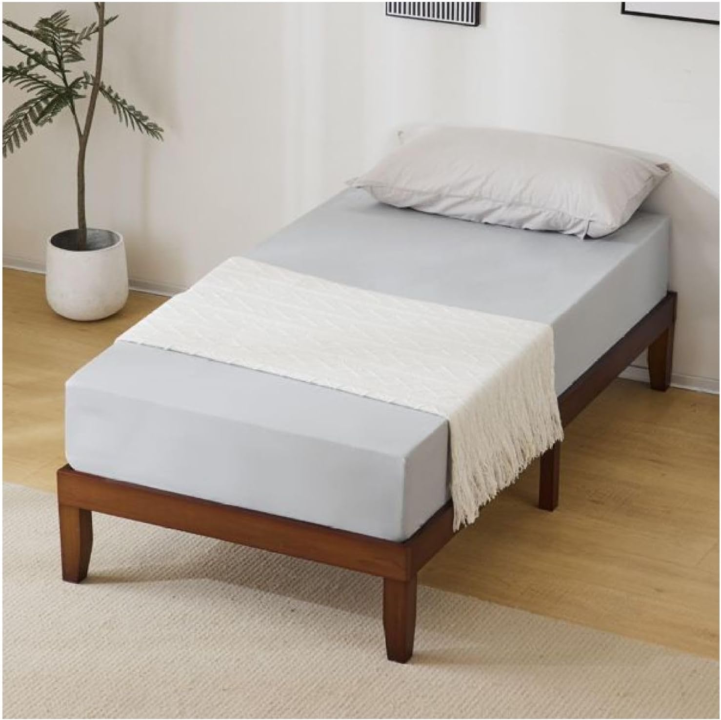 Twin Bed Frame Wooden, Painted Pine Wood Bed, Brown Single Bed - 189x96.5x30.5cm Low Profile Bed for Kids, Guest Room, Rustic Style