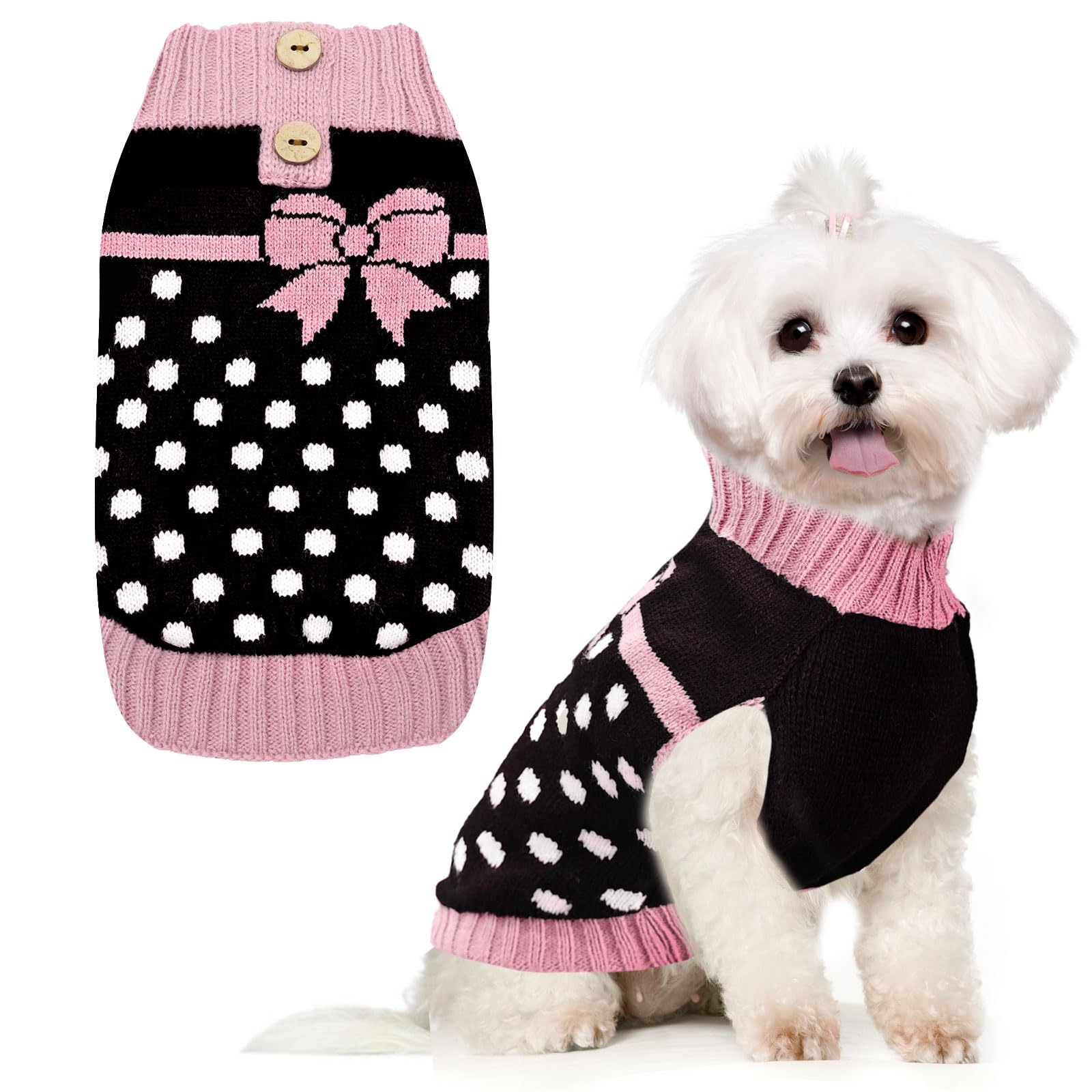 PETCARE Cute Dot Dog Sweater for Small Medium Dogs Girl with Purple Bowtie Knitted Warm Fall Winter Puppy Clothes Cat Sweaters for Cats Only Dachshund