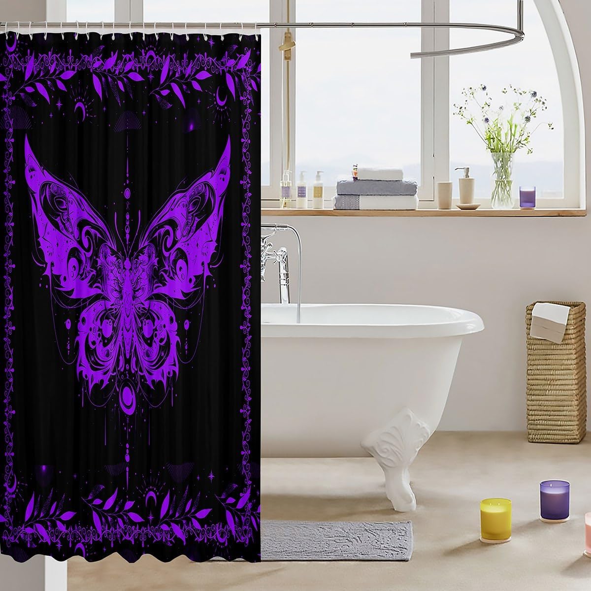 Feelyou Boho Purple Butterfly Fabric Shower Curtain Bohemian Moth Shower Curtain for Kids Boys Girls Moon Galaxy Bathroom Waterproof Accessories with 12 Hooks Black and Purple Curtains,72X84 Inches