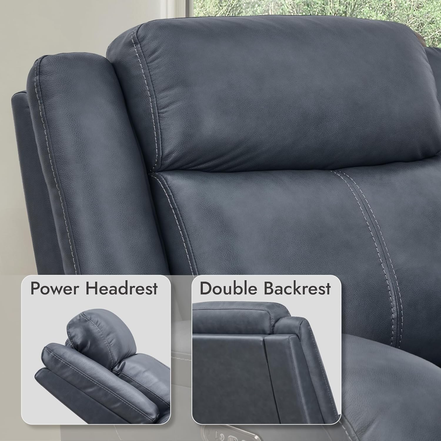 Leather Power Recliner Chair for Adults, Blue Recliner Sofa with Power Headrest & Charging Ports, Electric Recliner Chair for Living Room, Comfortable Leather Seating