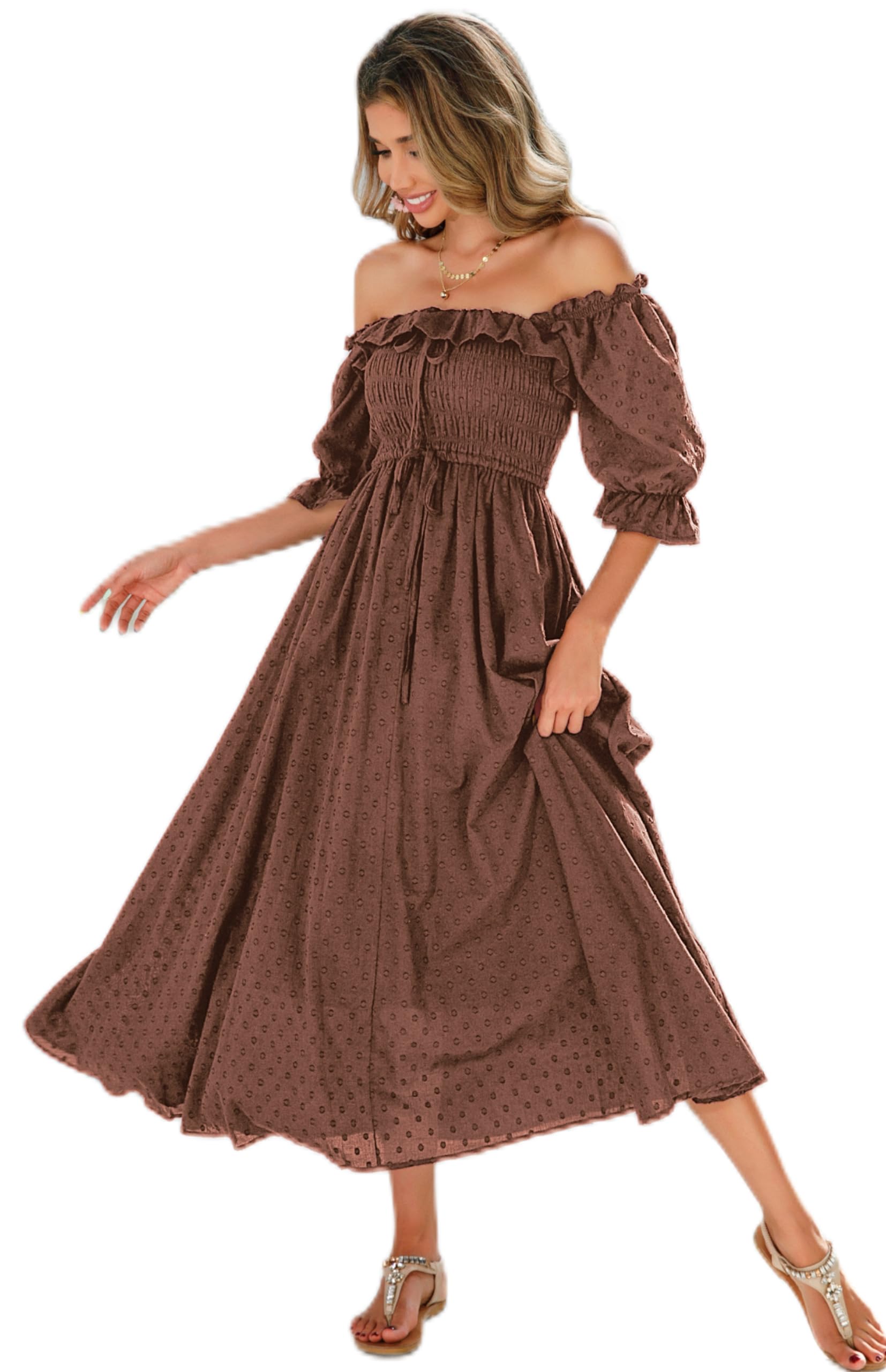 R.Vivimos Damen Polka Dot Slim Half Sleeve Puff Flare Sleeve Square Neck Tie Langes Midikleid