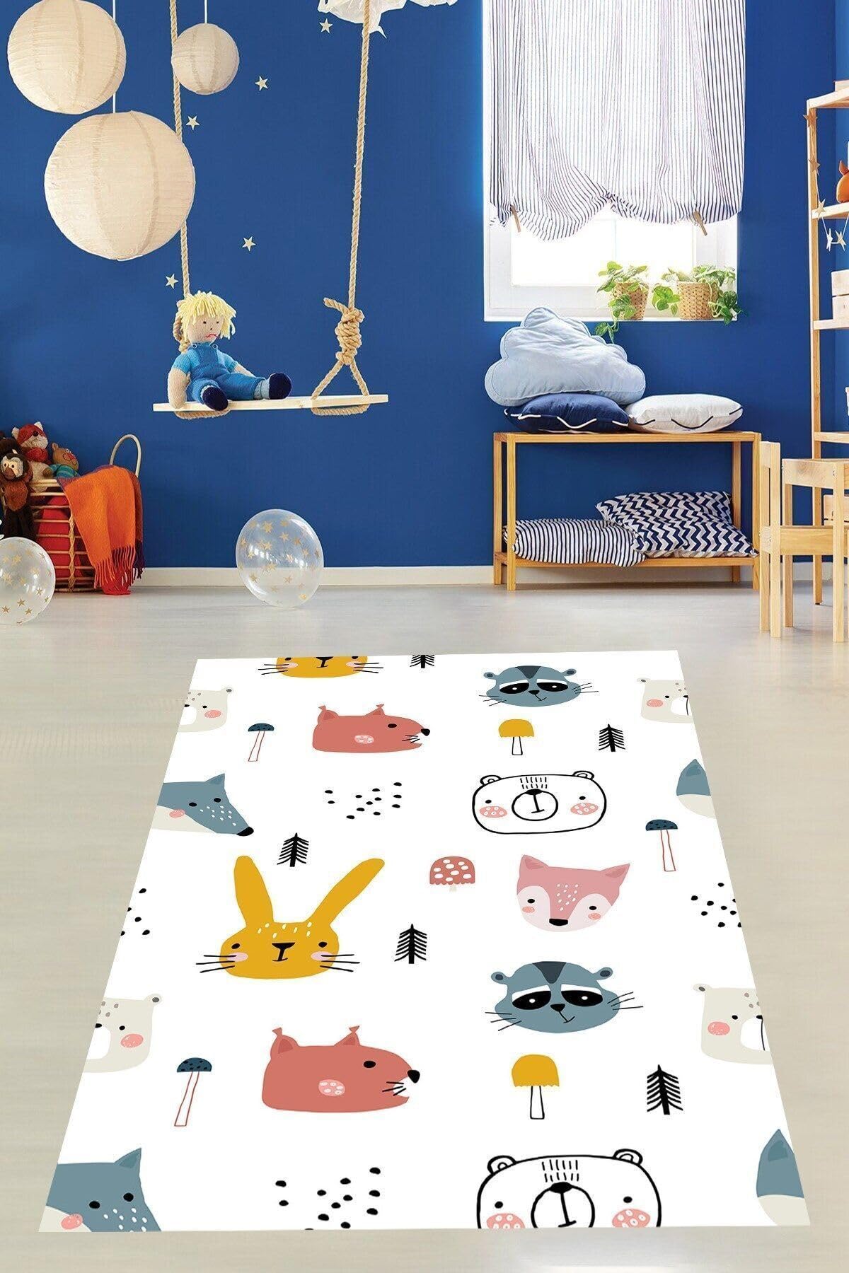 Pelangi Sevimli Hayvanlar Alemi Animal Tavşan Tilki Yıkanabilir Kaymaz Taban Leke Tutmaz Çocuk Odası Halısı, Beyaz-Pembe-Mavi-Hardal 160 x 300, 9038680155160300