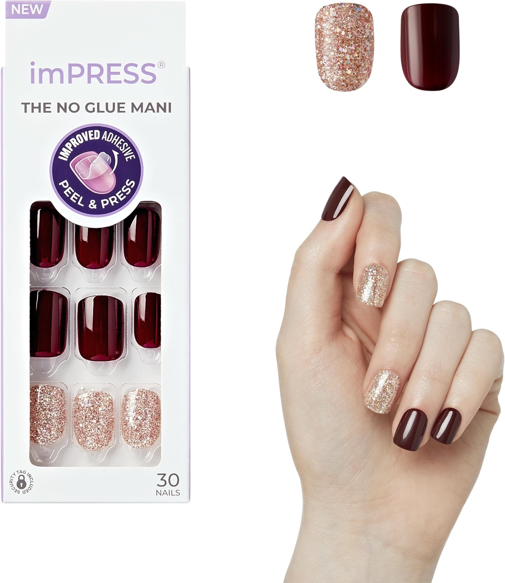 KISS imPRESS Press-On Manicure, Nail Kit, PureFit Technology, Short Press-On Nails, No Other, Includes Prep Pad, Mini File, Cuticle Stick, and 30 Fake Nails