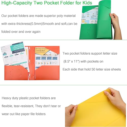 Miniatura 5 de Paquete de 6 carpetas con bolsillos y puntas, carpetas de plástico con 2 bolsillos y 3 puntas, carpetas de archivos de colores, 2 carpetas de