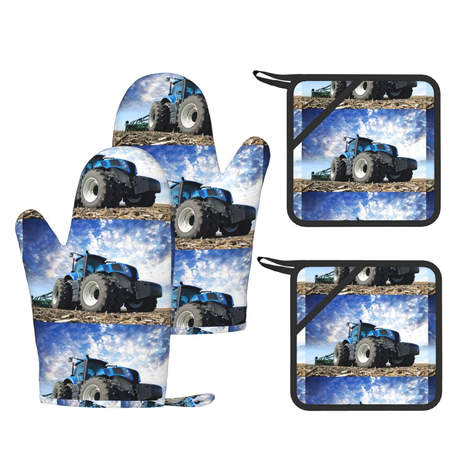 Farm Tractor Printed Oven Mitts and Pot Holders Set of 4, Heat Resistant Silicone Gloves for Baking Grilling
