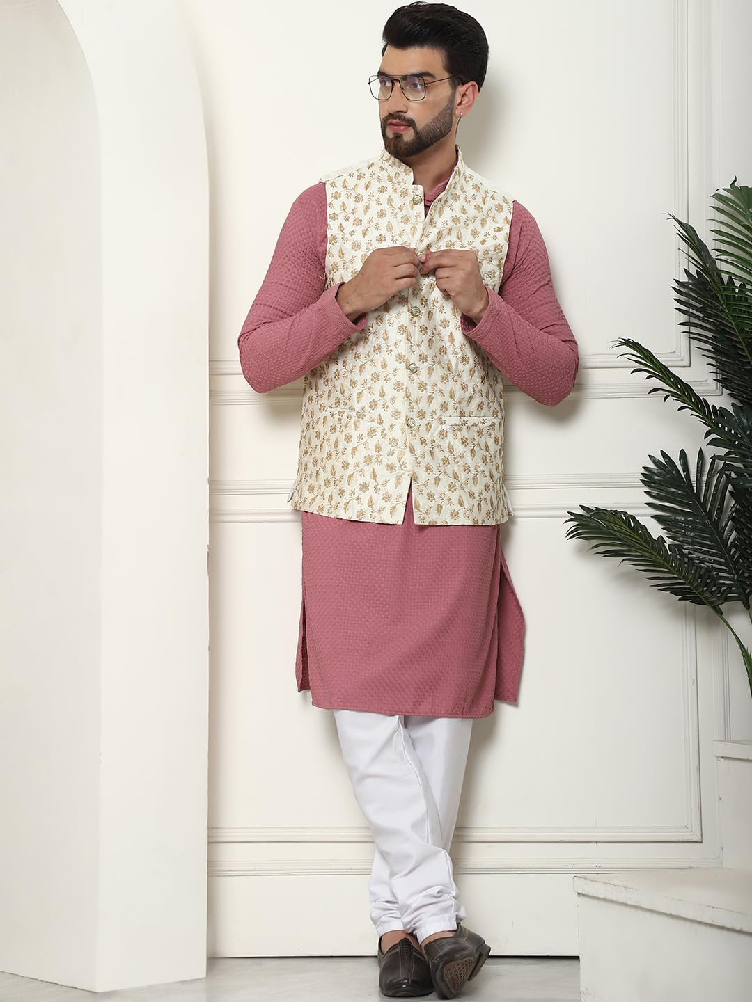 Sojanya (Since 1958 Men's Pure Cotton Coral Kurta And White Pyjama With Cream Embroidered Nehru Jacket
