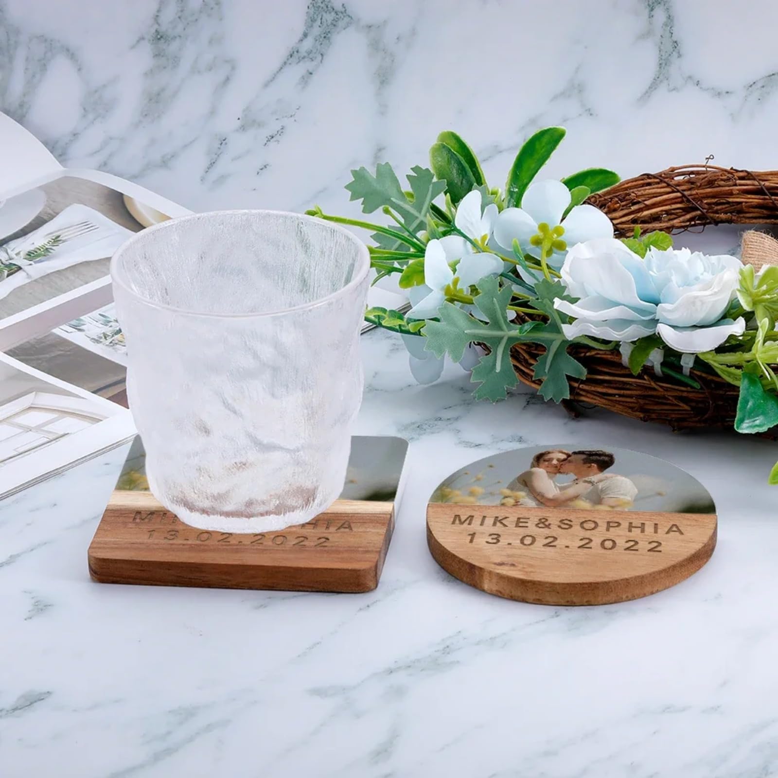 Posavasos personalizados, posavasos de madera de mármol grabados personalizados, posavasos cuadrados para hombres, regalos de fotos personalizados para parejas, regalo de San Valentín (8 piezas)