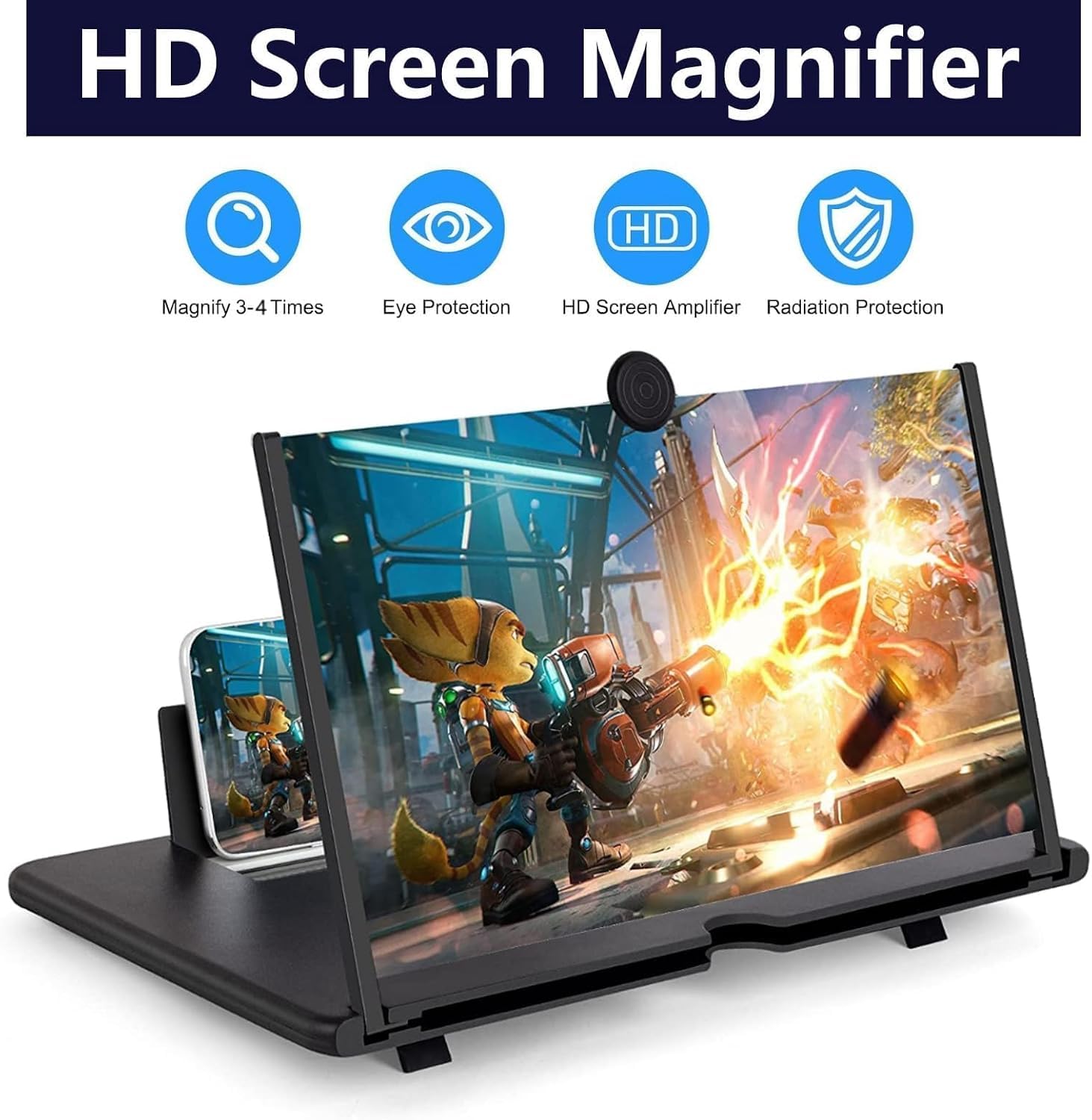 Bildschirmlupe, 18 Zoll Bildschirmlupe für Smartphones 3D HD, Faltbarer Handy Lupe zum Ansehen von Filmen und Videos, geeignet für alle Smartphones (Schwarz)