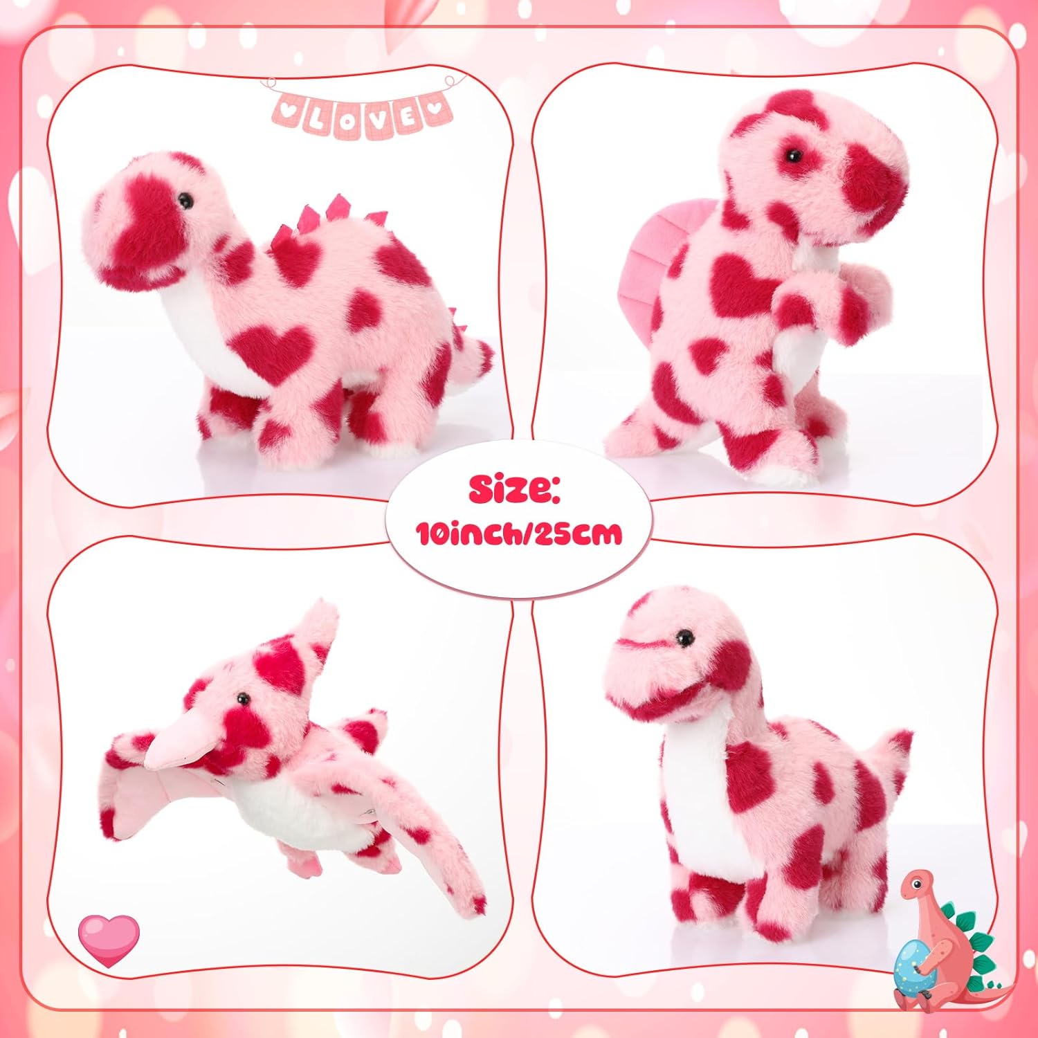 4 Pcs Valentines Gifts for Kids Pink Dinosaur Stuffed Animals Holding Heart 10 Inch Cute Soft Dinosaur Plushies Valentine's Day Party Gifts for Girls Girlfriend Families Birthday Anniversary