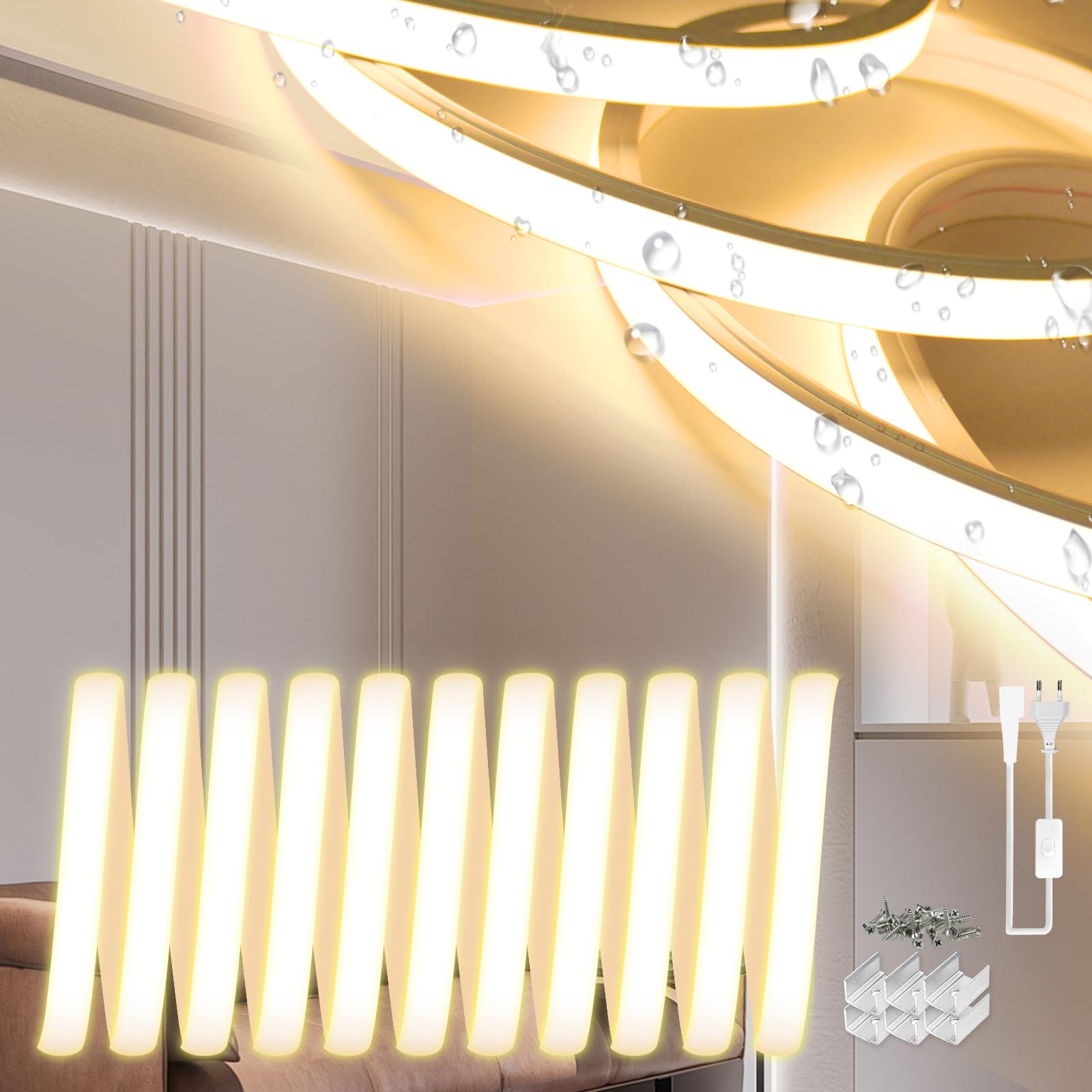 SUCIKORIO Neon LED Strip 30m, LED Strip Warm Wit Licht 3000K Waterdichte LED Kerstverlichting Buiten 220V 120 LED/m Flexibele DIY Lichtstrip