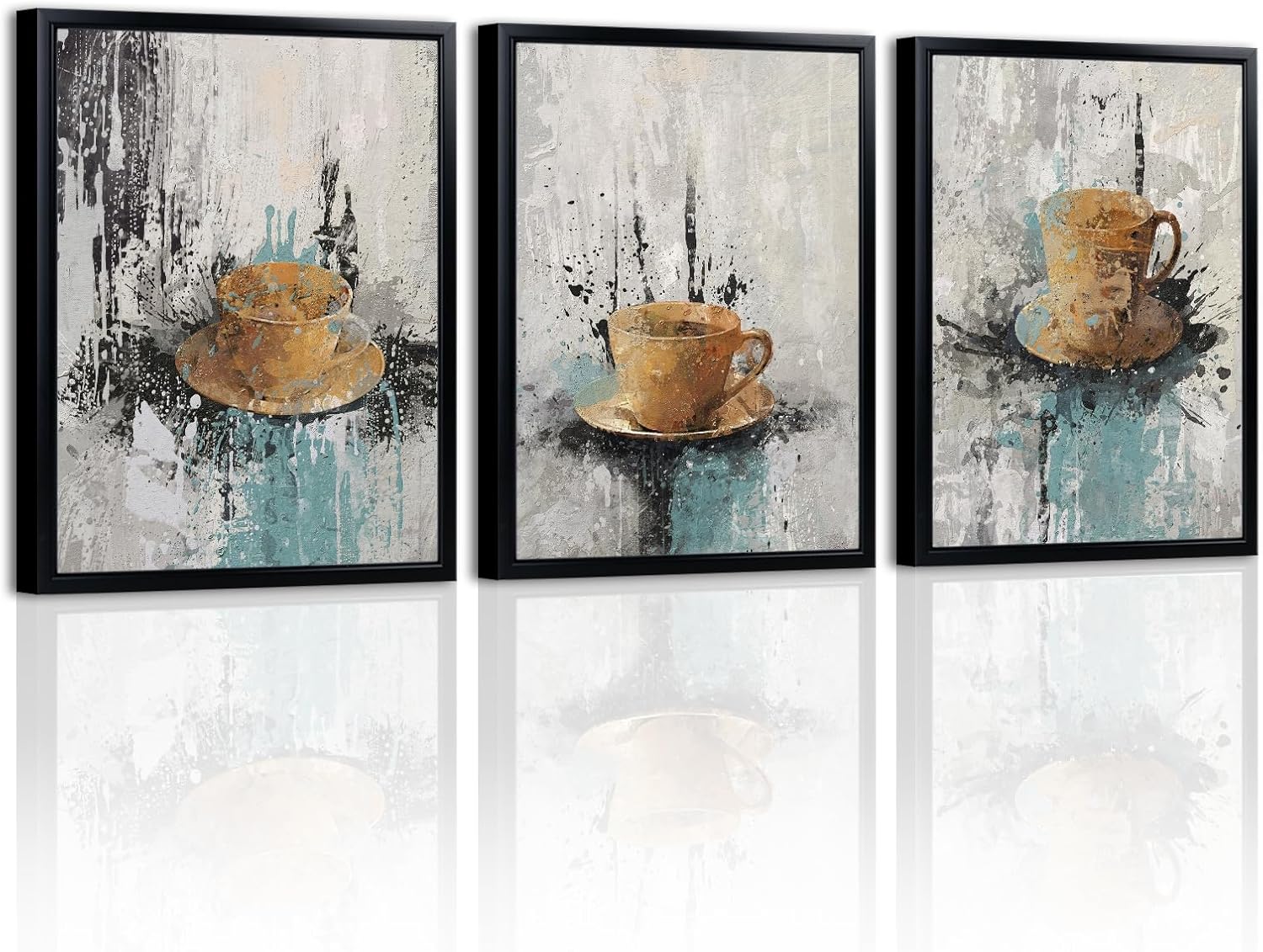 LevvArts Coffee Wall Art Prints Coffee Cup Paintings Vintage Kitchen Decoration Set of 3 Framed