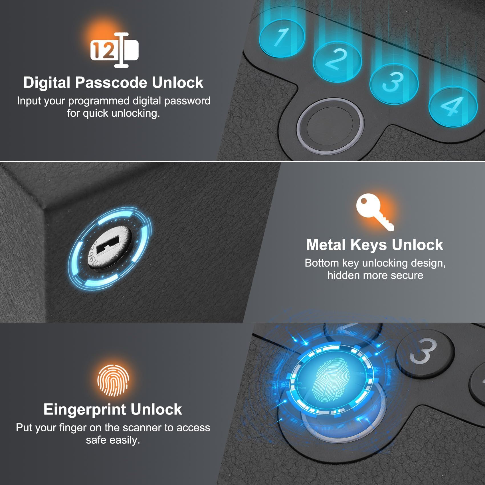 Cassaforte per pistole, Cassaforte biometrica per pistole con accesso rapido, Cassaforte per pistole con porta scorrevole automatica con impronta digitale, codice PIN, accesso con chiave per comodino