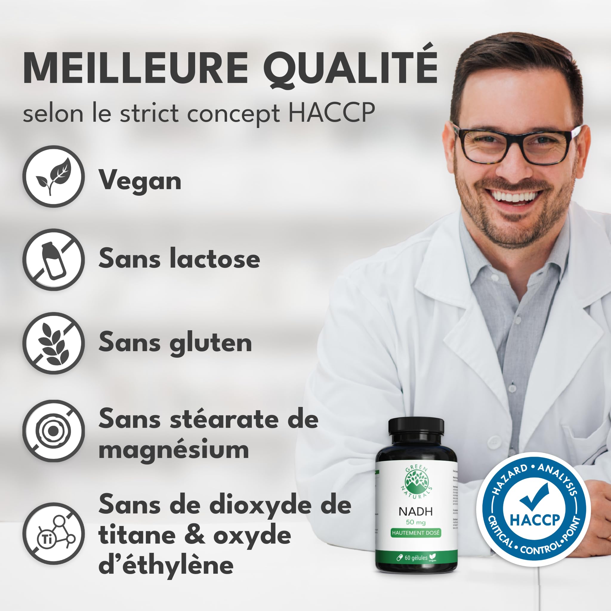 Green Naturals® NADH 50mg - 60 Capsules - De fabrication allemande - 100% Végétalien & Sans Additifs - Réserve pour 2 mois