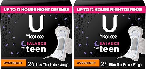 U de Kotex Almohadillas Sanitarias, Ultra Delgadas, Nocturnas, 48 Unidades Paquete de 2  Adolescentes  Con Alas  Sin Perfume