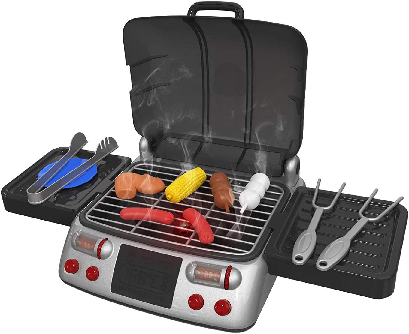 Pretend Play BBQ Grill for Kids with Lights, Sizzling Sounds and Smoke - 19 Piece Playset Includes Charcoal, Food, Tongs, Forks and Plates - Toy Barbecue Set Steams Just Like You’re Really Grilling