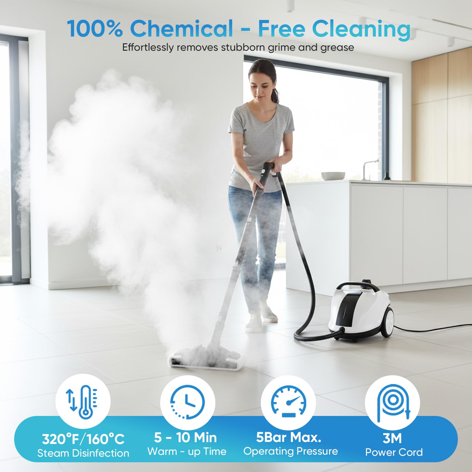Nettoyeur Vapeur Portable 2000W avec Pression 5 Bar - Réservoir 2 Litres pour 100m² Surface - Set Accessoires 18 Pièces - Nettoyage Tapis Sol Carrelage Fenêtre Tissu Auto Avec tête de brosse rotative