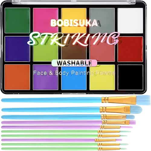 BOBISUKA Face Body Paint Palette + 10PCS Brushes Set, 15