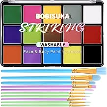 BOBISUKA Face Body Paint Palette + 10PCS Brushes Set, 15 Color Professional Face Painting Pallet Kit for Art Theater Halloween Party Cosplay Clown SFX Makeup for Women Adults, Non-Toxic Washable