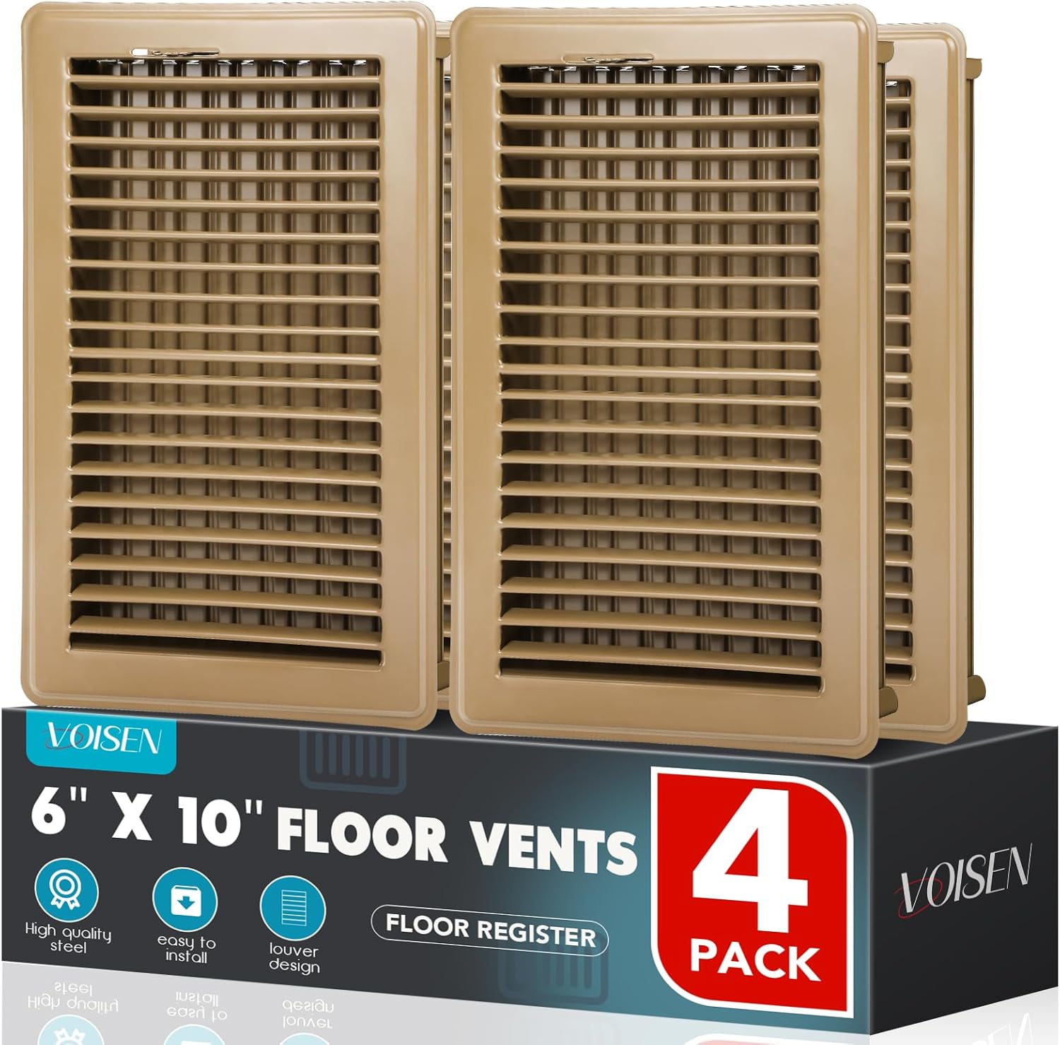 VOISEN Floor Register 6x10, 4 Pack Floor Vent Covers, Steel Adjustable Air Supply Grille Register Vent Cover Grill for Sidewall and Floor, Vent Covers for Home Floor,Brown