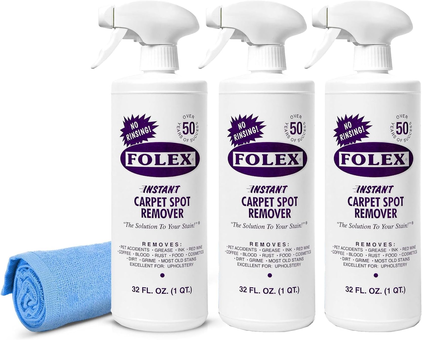 Instant Carpet Spot Remover 32 oz – Powerful Stain Remover for Carpets, Upholstery & Rugs – Eliminates Pet Stains, Grease, Red Wine, Food, Makeup & More – With Reusable Cleaning Cloth – 3 Pack