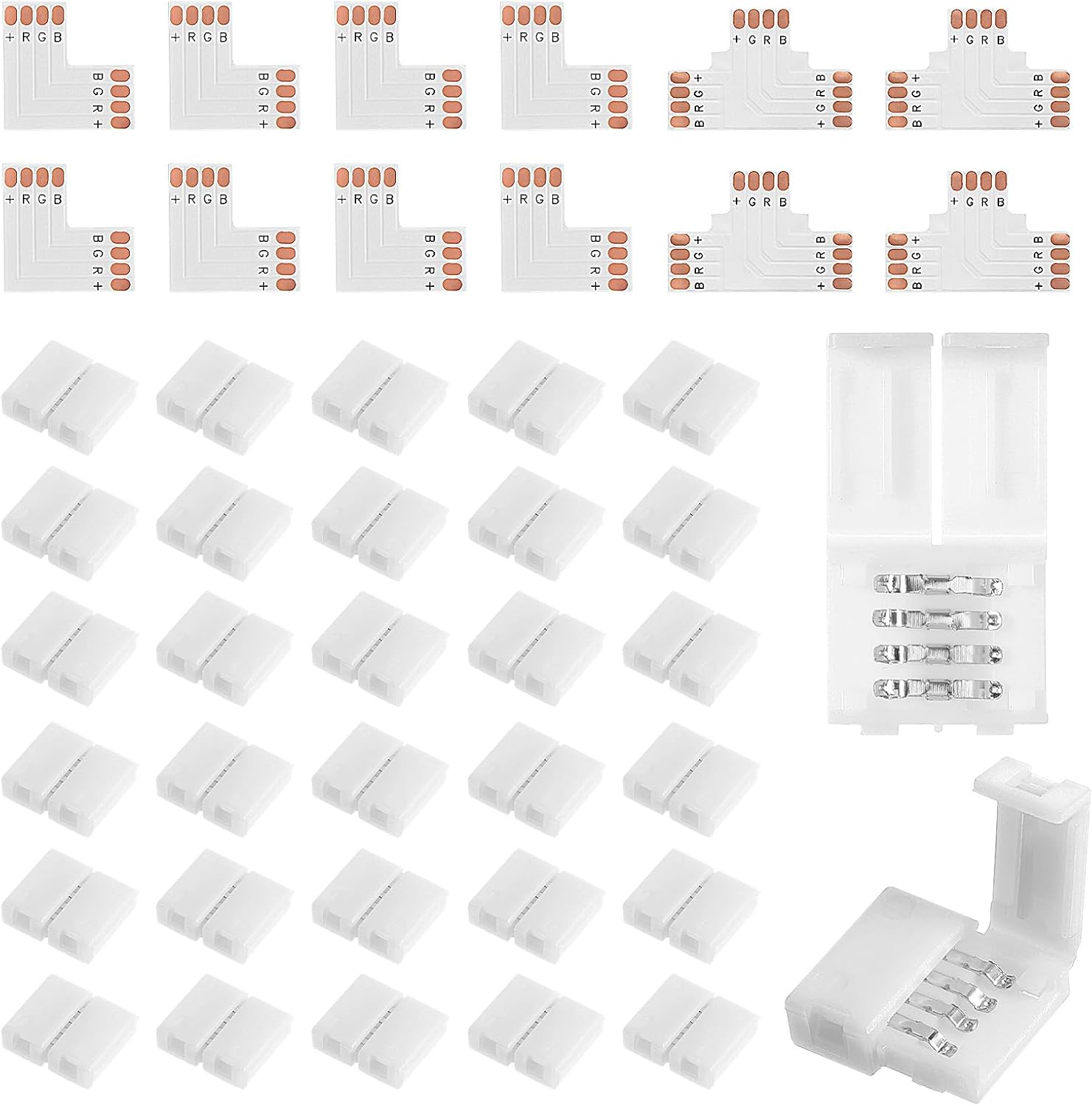 42 Pcs 4 Pin LED Strip Connector Kit with 30 Solderless LED Light Connectors for 10mm Wide RGB LEDs Strip Light, Includes 8 L Shape, 4 T Shape Connector Clips for DIY Lighting Projects