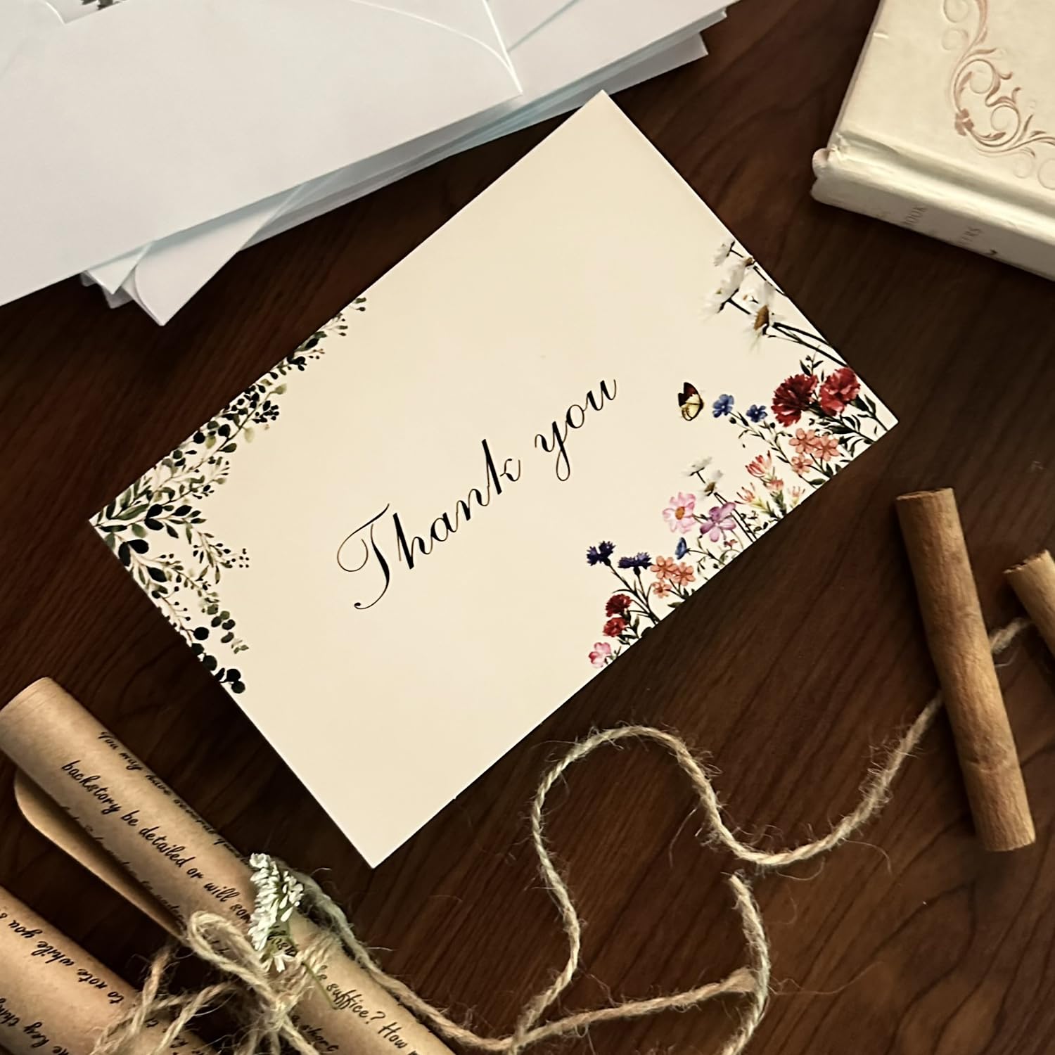 Paquete de 100 tarjetas de agradecimiento de flores vintage de 4 x 6 pulgadas con sobres, elegante diseño floral, tarjetas de agradecimiento en blanco a granel para cumpleaños, boda,